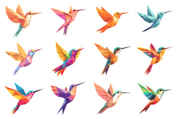 Low poly colorful hummingbird set. Exotic tropical little bird with wings wild life symbol. Colibri side view. Origami toy emblem. Animal geometric triangled shape. Flat style isolated vector clipart