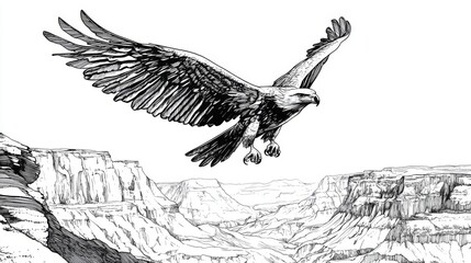 Fototapeta premium Majestic eagle in flight over a grand canyon landscape, sketched in monochrome.