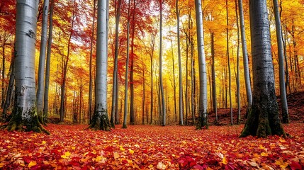 Fototapeta premium A dense forest in autumn, with leaves of red, orange, and yellow carpeting the ground