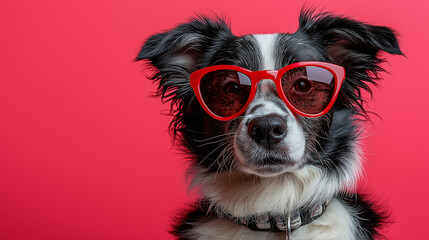 Frowning black and white dog wearing red sunglasses