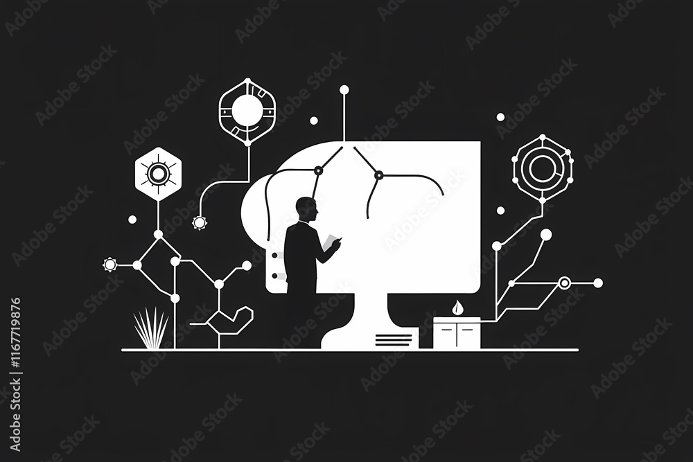 Poster the power of innovation: a minimalist silhouette of a person standing in front of a computer screen.