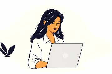 Focused Woman Working on Laptop: A stylized illustration of a woman concentrating on her laptop, exuding professionalism and determination.