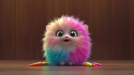 Cute colorful furry creature indoor setting animated character playful environment close-up whimsical concept
