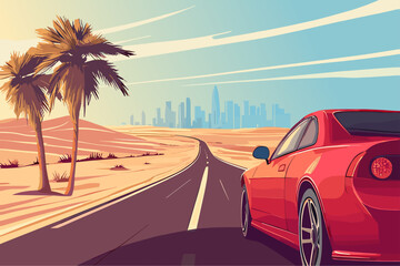 Red luxury car on desert asphalt road highway background. Palm on the side of the road. City skiline silhouettes on the backdrop. Modern speed car. Adventure journey banner poster. Cartoon style