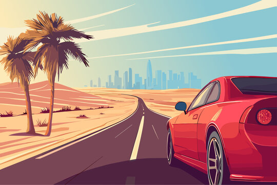 Fototapeta Red luxury car on desert asphalt road highway background. Palm on the side of the road. City skiline silhouettes on the backdrop. Modern speed car. Adventure journey banner poster. Cartoon style