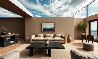 modern luxury living room, open concept, floor-to-ceiling windows, panoramic views, desert landscape, neutral color palette, minimalist furniture, sleek coffee table, large sectional sofa, indoor plan