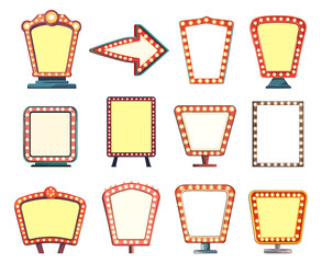 Retro lightbox frames set. Front view. Cinema casino club circus signs or billboards theatre signage. Vintage glowing bulb banner. Show light frames borders. Cartoon style isolated vector clipart