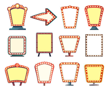 Retro lightbox frames set. Front view. Cinema casino club circus signs or billboards theatre signage. Vintage glowing bulb banner. Show light frames borders. Cartoon style isolated vector clipart