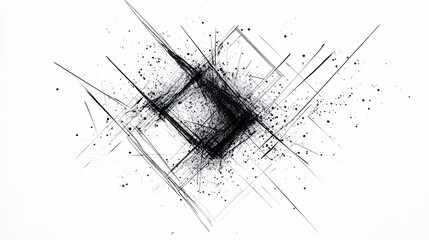 An abstract black and white geometric sketch with intersecting lines and splattered details forming a rough artistic composition  
