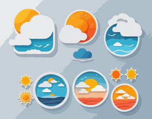 Weather forecast widget. Vector illustration. Daily weather forecast application template. Temperature, wind direction, atmosphere pressure, sunrise and sunset icons set. Paper cut climate signs