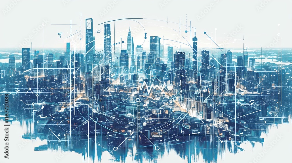 Poster futuristic cityscape with abstract digital network connections and data points