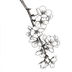 Monochrome line drawing of delicate cherry blossoms on a branch.