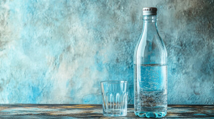 Sparkling water bottle with empty glass on textured blue background
