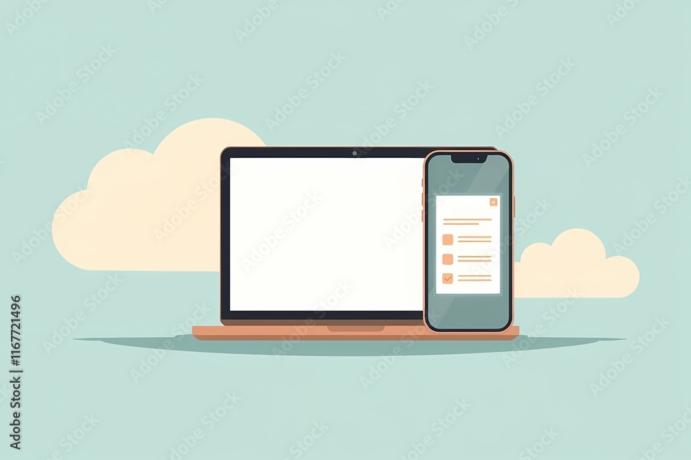 Poster laptop and smartphone: a sleek laptop with a blank screen sits beside a smartphone displaying a to-d