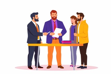 Obraz premium Team Collaboration Meeting: Flat design illustration of a diverse business team collaborating around a table, reviewing documents and engaging in productive discussion. 