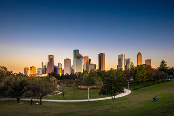 Houston Downtown modern business city with skyscraper city scape with park view from Buffalo Bayou...