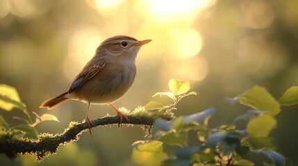 Pacific Wren Troglodytes pacificus tiny brown bird fluttering near mossy branches a dense forest sunlight filtering softly through the canopy