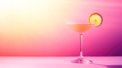 Pink cocktail in martini glass with lemon slice on gradient background