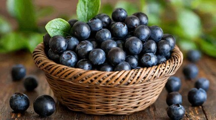 Freshly Picked Blueberries in a Rustic Basket