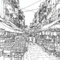 Obraz premium Sketch of a bustling marketplace street with vendors and shoppers.