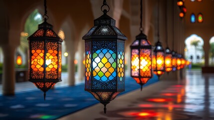 Colorful lanterns hanging in a hallway, illuminated, reflecting light on the floor.