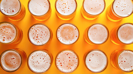 Rows of cold beers in glasses with foamy heads on bright yellow background