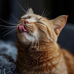 Ginger cat enjoying a moment of pure bliss while licking its nose indoors. Generative AI