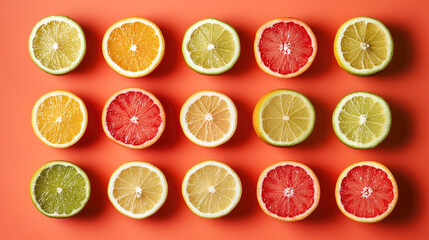 Variety of citrus fruit halves on vibrant orange background