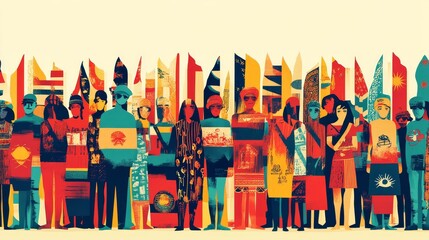 Colorful diverse people stand, flags behind.