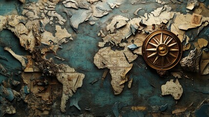 Fototapeta premium Antique world map, compass, distressed texture.