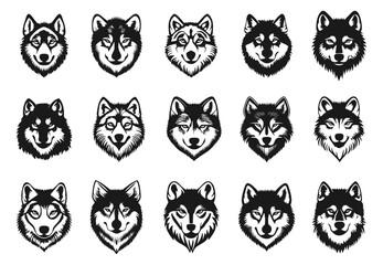 Fototapeta premium Wolf portrait black icons set. Wildlife predator mammal. Front view animal head of forest canine carnivore beast. Black and white simple flat style. Isolated vector clipart on white background
