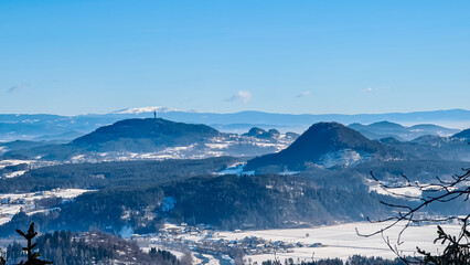 Panoramic view of Pyramidenkogel in Rosental Valley in seen from mount Petelin in Faak, Carinthia,...
