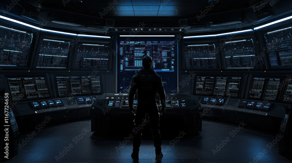 Poster futuristic control room: a lone figure stands in a dimly lit, high-tech command center, surrounded b