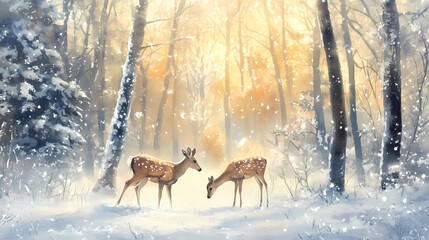 Frosty forest, deer grazing in snow, early morning light, watercolor style. Frostwind. Illustration