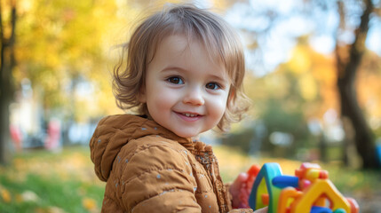 Fototapeta premium Happy caucasian child playing in autumn park with toys