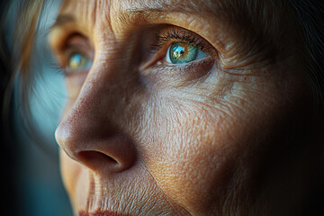 Close-up portrait of an elderly woman with expressive features and striking blue eyes looking thoughtfully out a window