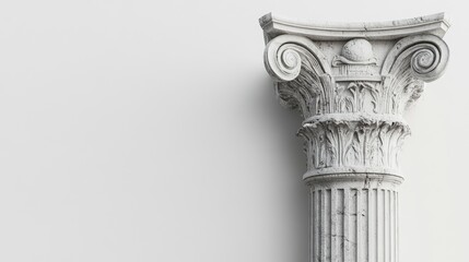 White Ionic column capital against white wall.