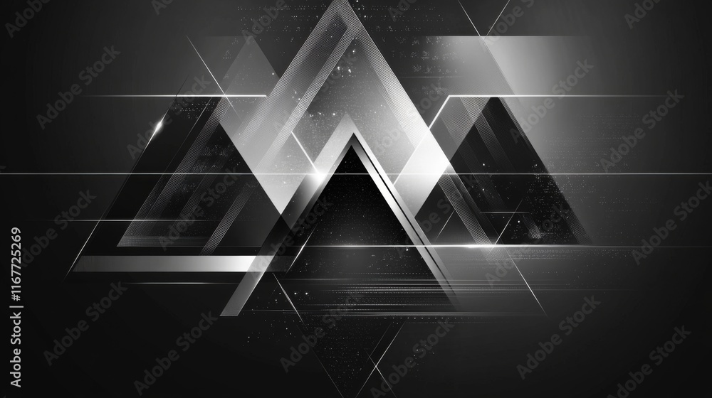 Poster abstract grayscale geometric shapes with glowing lines and dark background.