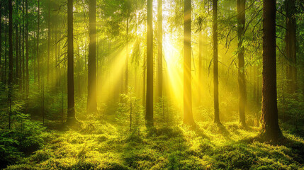 Obraz premium Sunlight streaming through forest trees in a serene woodland scene
