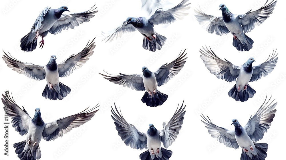 Poster pigeons motion a flock of feral pigeons in varied postures of flight with intricate wing details iso