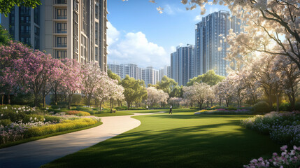 Obraz premium Idyllic Spring Park with Bright Green Grass, Blossoming Flowers, and Shaded Walking Paths Framed by Modern Apartment Buildings