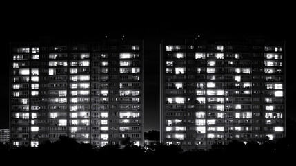 two towering apartment buildings with countless illuminated windows create a mesmerizing pattern against the dark sky in a city setting
