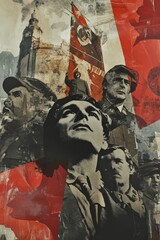 Fototapeta premium Revolutionary figures, flag, cityscape, textured collage.