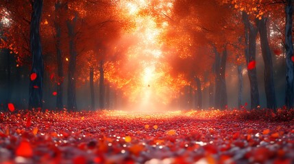 Autumnal path with red leaves and sunlight.