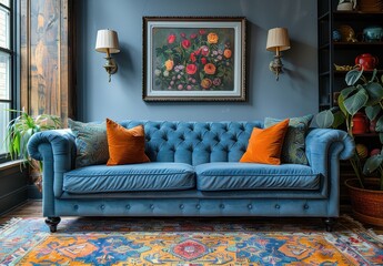 Vibrant Living Room with Blue Chesterfield Sofa and Emerald Armchair – Modern Studio Apartment