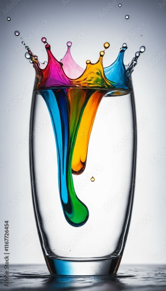 Poster vibrant rainbow colors splash into a clear glass, creating a dynamic and colorful scene. the image i