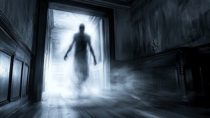 Ethereal figure in a dark hallway.