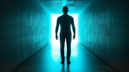 Silhouette of man in glowing blue tunnel.