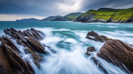 Fototapeta premium Dramatic coastal scene with crashing waves on rocky shore, green hills under cloudy sky.