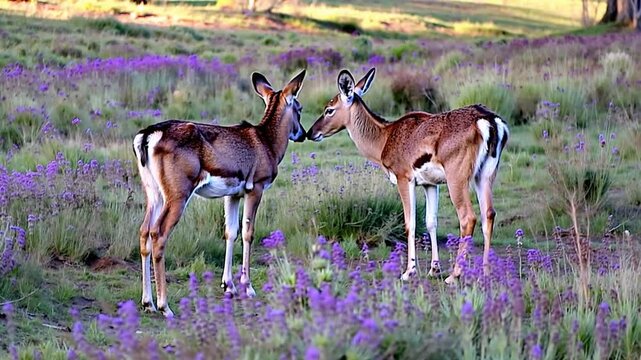 two deer touching noses among purple wildflowers nature wildlife photography capturing spring wildlife concept
